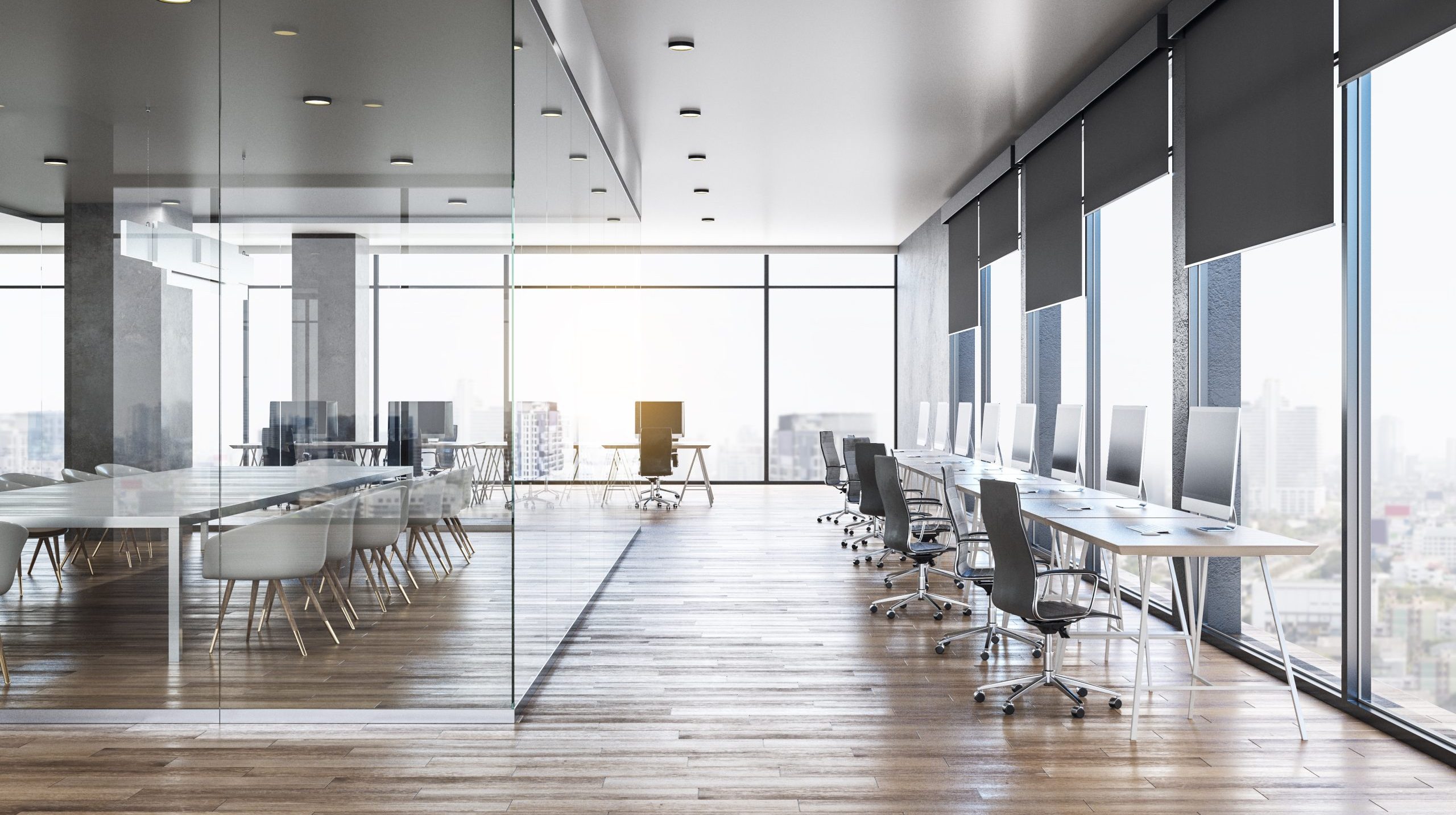 Luxury glass concrete office interior with city view, daylight, wooden floor furniture and equipment. 3D Rendering